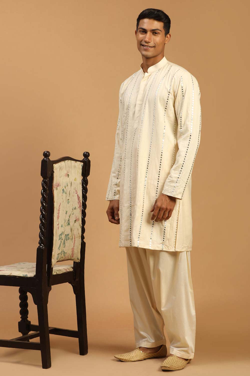 Buy Men's Cream Viscose Mirror Work Embroidered Pathani Set Online - Back