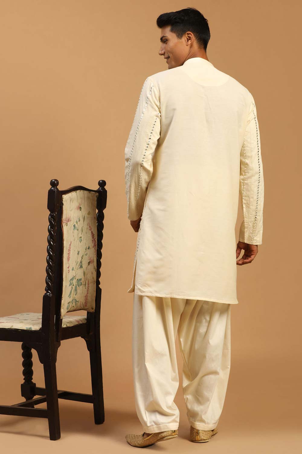 Buy Men's Cream Viscose Mirror Work Embroidered Pathani Set Online - Front