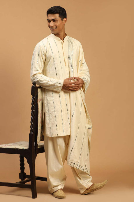Buy Men's Cream Viscose Mirror Work Embroidered Pathani Set With Dupatta Online - Back