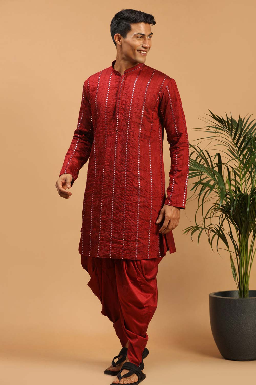 Buy Men's Maroon Viscose Mirror Work Embroidered Kurta Dhoti Online