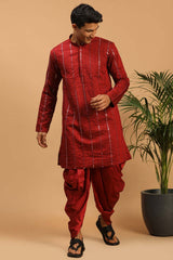 Buy Men's Maroon Viscose Mirror Work Embroidered Kurta Dhoti Online - Back