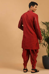 Buy Men's Maroon Viscose Mirror Work Embroidered Kurta Dhoti Online - Front