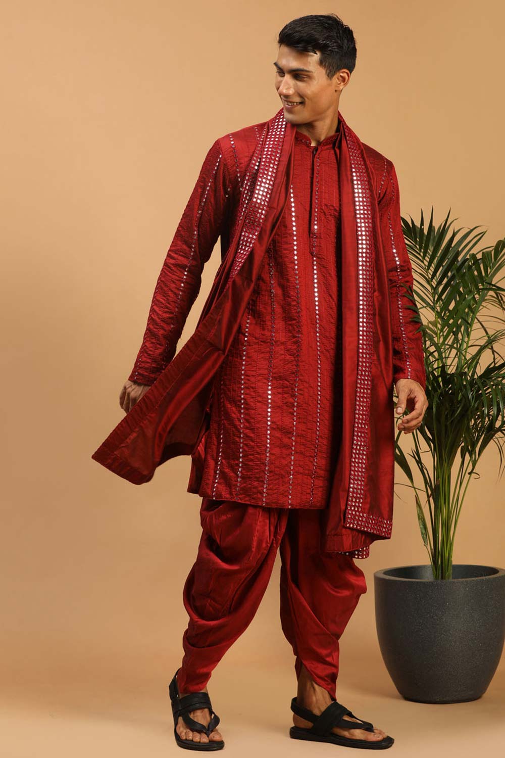 Buy Men's Maroon Viscose Mirror Work Embroidered Kurta Dhoti With Dupatta Online