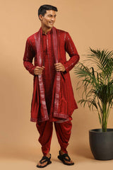 Buy Men's Maroon Viscose Mirror Work Embroidered Kurta Dhoti With Dupatta Online - Back