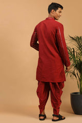 Buy Men's Maroon Viscose Mirror Work Embroidered Kurta Dhoti With Dupatta Online - Front