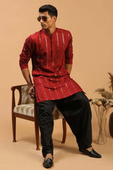 Buy Men's Maroon And Black Viscose Mirror Work Embroidered Pathani Set Online