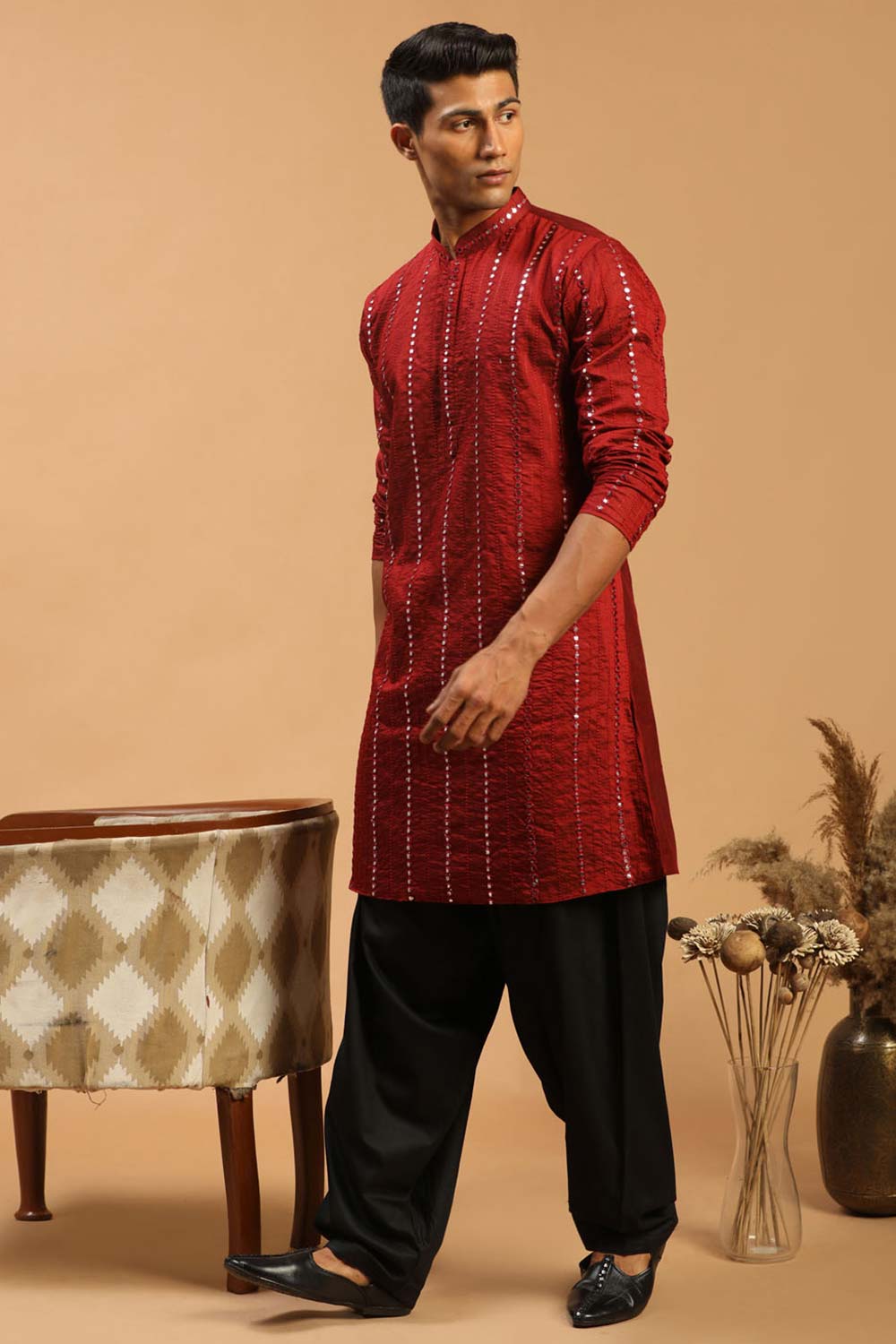 Buy Men's Maroon And Black Viscose Mirror Work Embroidered Pathani Set Online - Back
