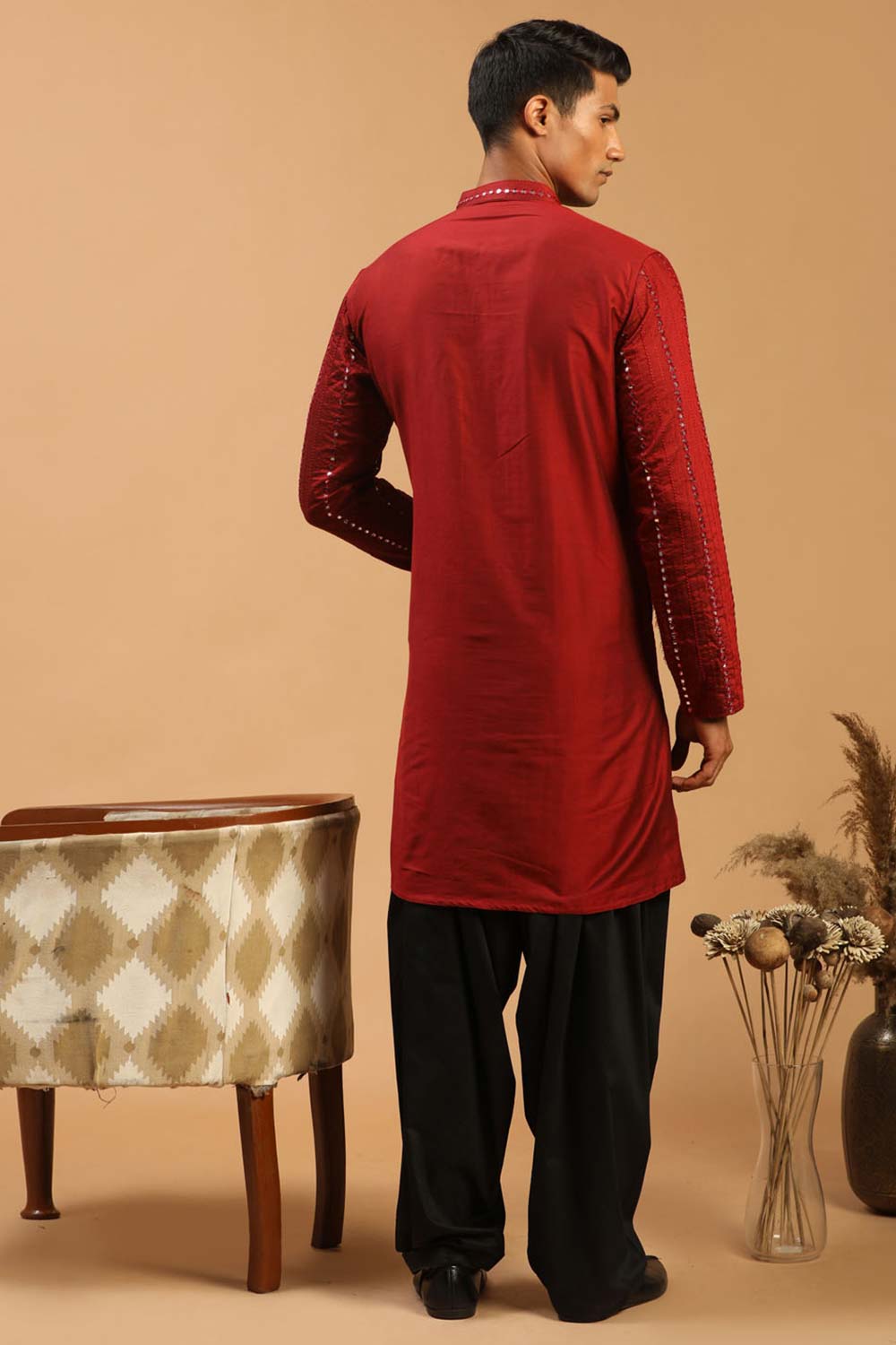 Buy Men's Maroon And Black Viscose Mirror Work Embroidered Pathani Set Online - Front