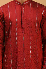 Buy Men's Maroon And Black Viscose Mirror Work Embroidered Pathani Set Online - Side