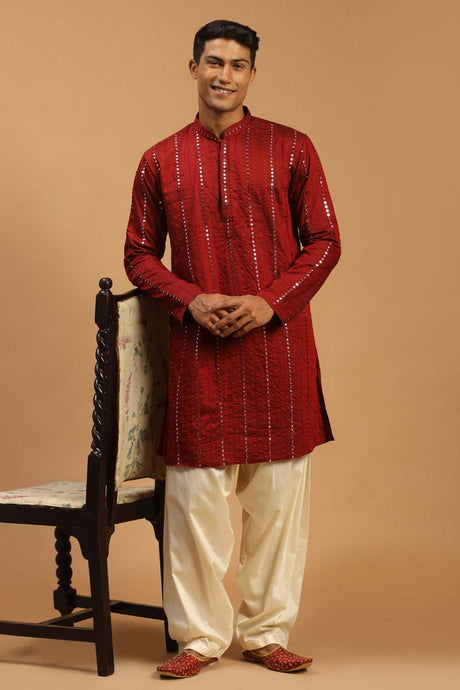 Buy Men's Maroon And Cream Viscose Mirror Work Embroidered Pathani Set Online