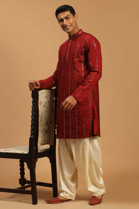 Buy Men's Maroon And Cream Viscose Mirror Work Embroidered Pathani Set Online - Back
