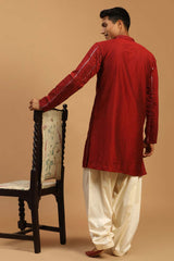 Buy Men's Maroon And Cream Viscose Mirror Work Embroidered Pathani Set Online - Front