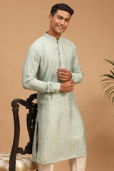 Buy Men's Green Cotton Blend Sequin Emboridery Long Kurta Online - Back