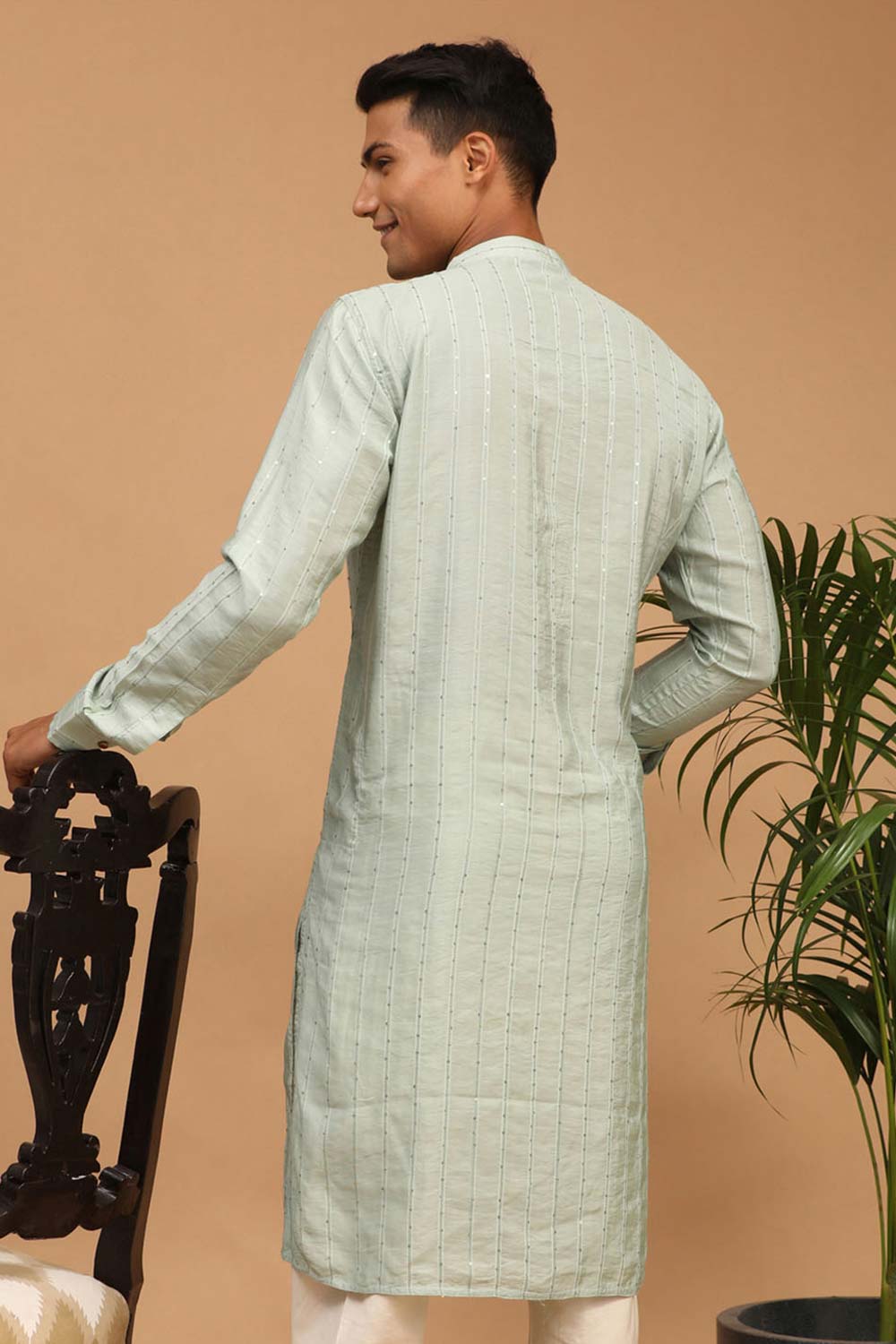 Buy Men's Green Cotton Blend Sequin Emboridery Long Kurta Online - Front