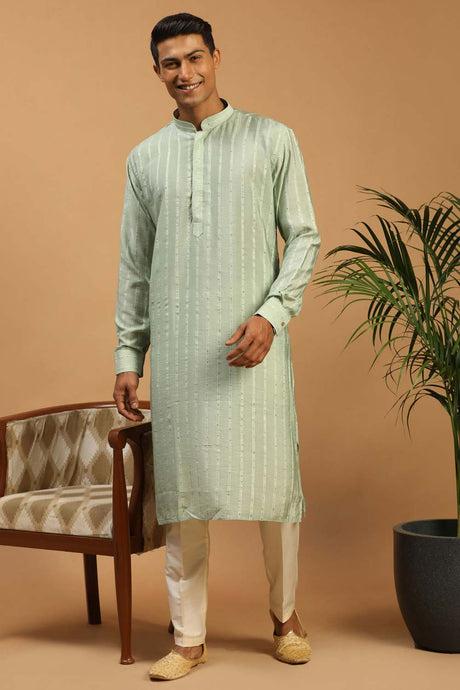 Buy Men's Green And Cream Cotton Blend Sequin Emboridery Kurta Pajama Jacket Set Online