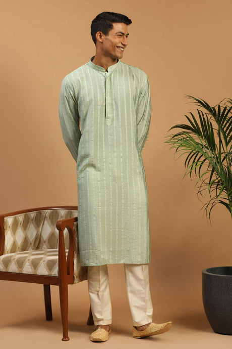 Buy Men's Green And Cream Cotton Blend Sequin Emboridery Kurta Pajama Jacket Set Online - Back