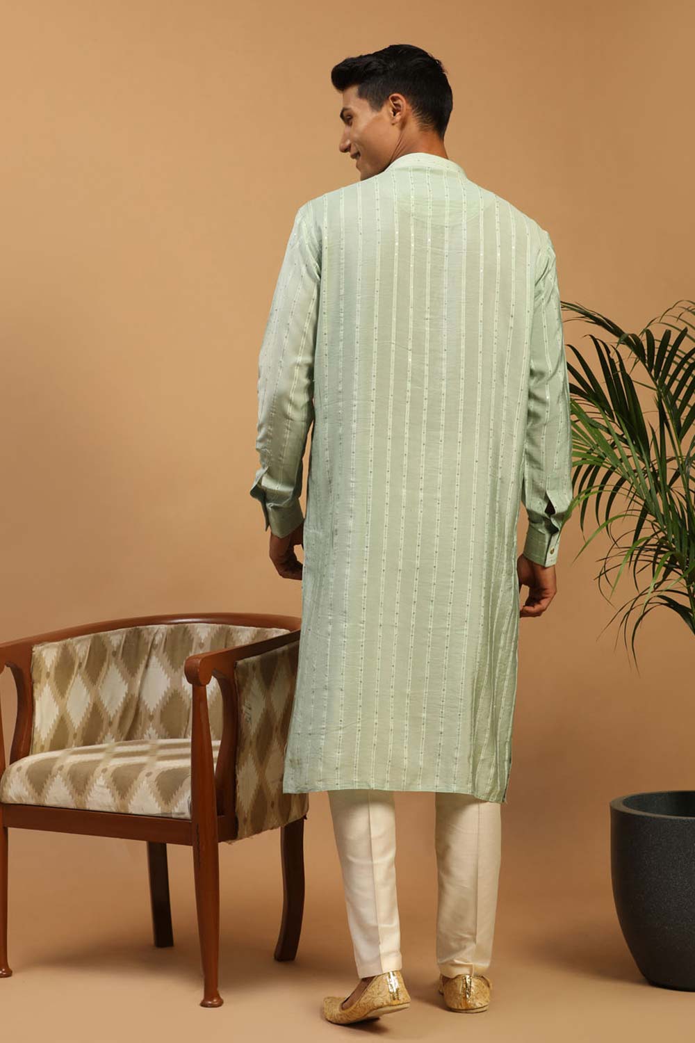 Buy Men's Green And Cream Cotton Blend Sequin Emboridery Kurta Pajama Jacket Set Online - Front