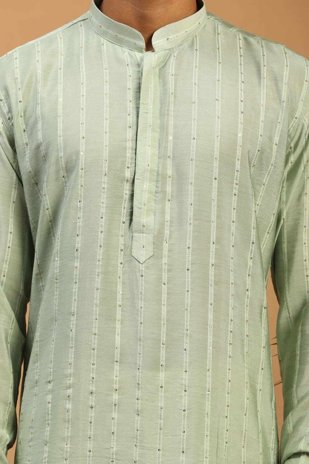 Buy Men's Green And Cream Cotton Blend Sequin Emboridery Kurta Pajama Jacket Set Online - Side