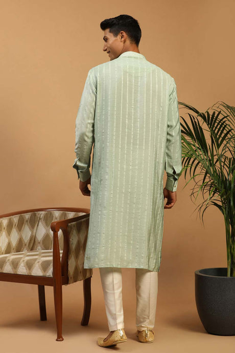 Men's Green And Cream Cotton Blend Kurta, Pyjama & Dupatta Set