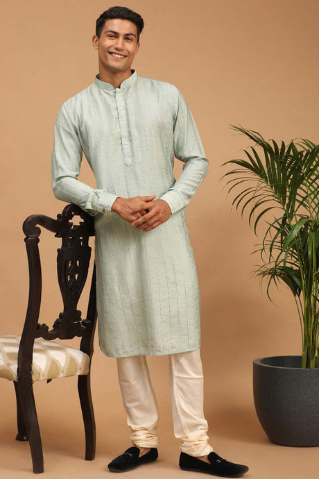 Buy Men's Green And Cream Cotton Blend Sequin Emboridery Kurta Pajama Jacket Set Online