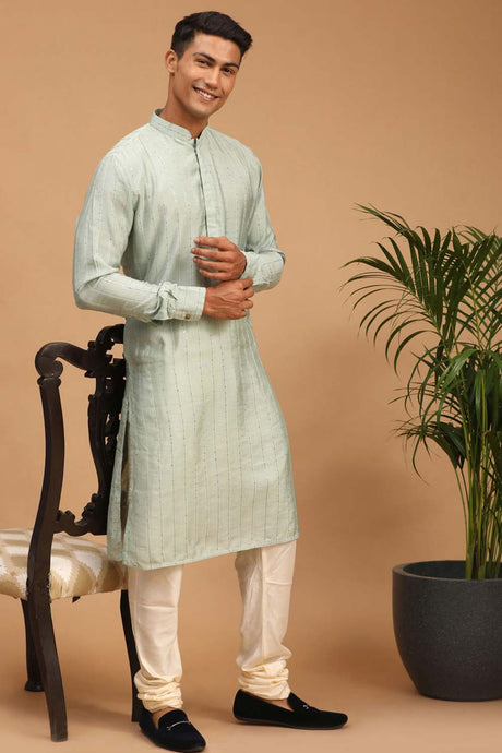 Buy Men's Green And Cream Cotton Blend Sequin Emboridery Kurta Pajama Jacket Set Online - Back
