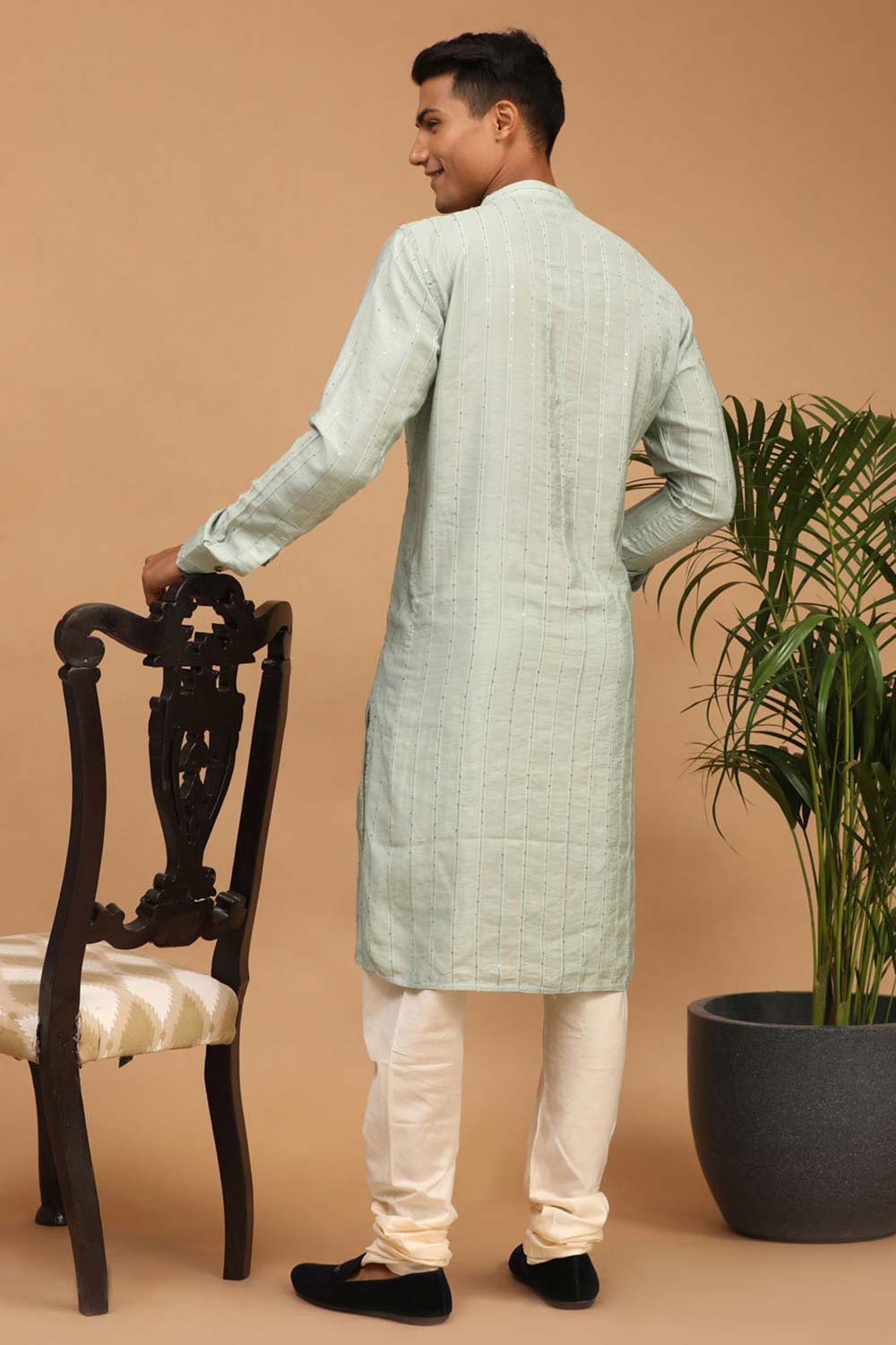 Buy Men's Green And Cream Cotton Blend Sequin Emboridery Kurta Pajama Jacket Set Online - Front