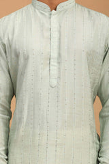 Buy Men's Green And Cream Cotton Blend Sequin Emboridery Kurta Pajama Jacket Set Online - Side