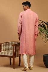 Buy Men's Purple And Cream Cotton Blend Sequin Emboridery Kurta Pajama Jacket Set Online - Front