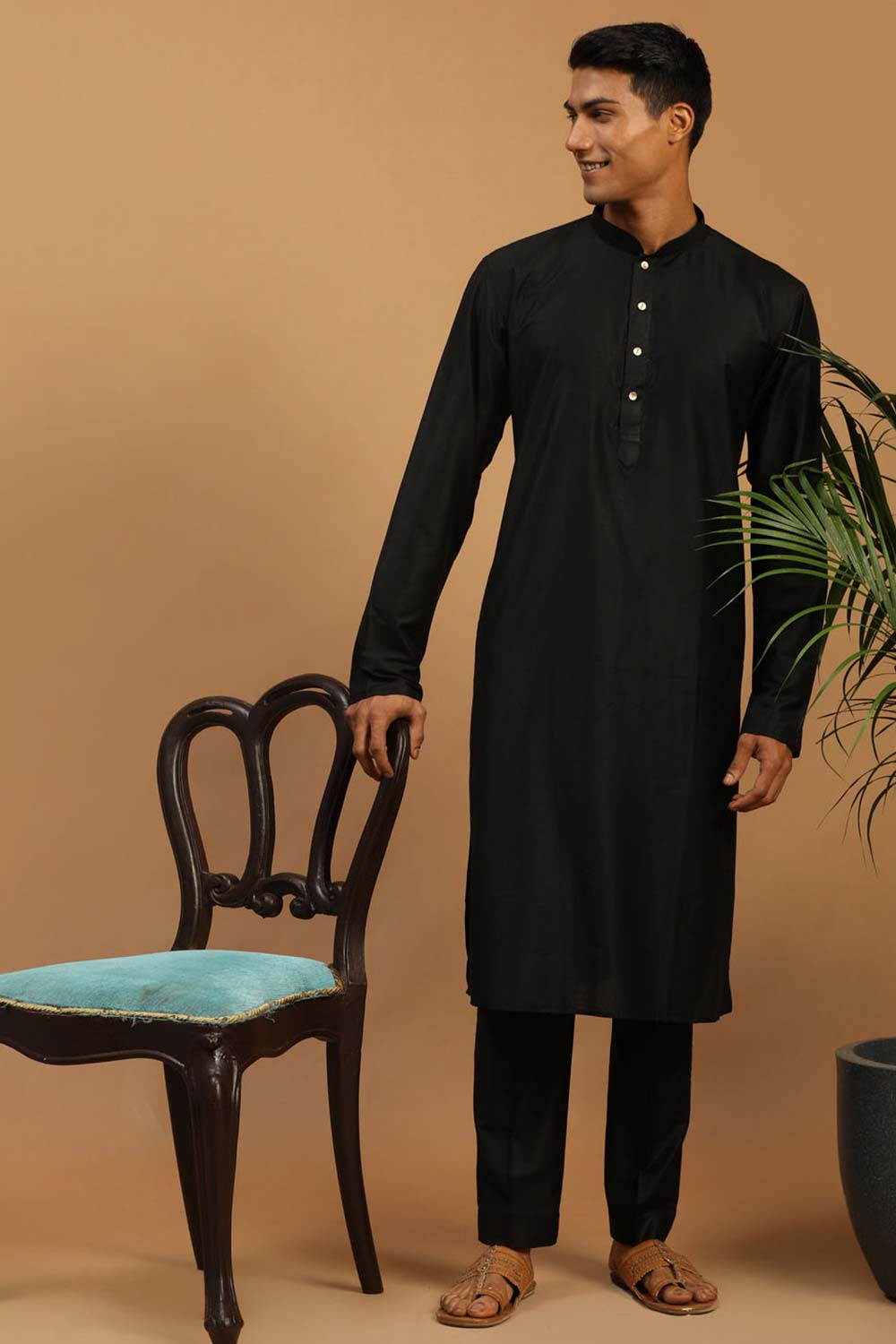 Buy Men's Black Viscose Solid Kurta Pajama Jacket Set Online