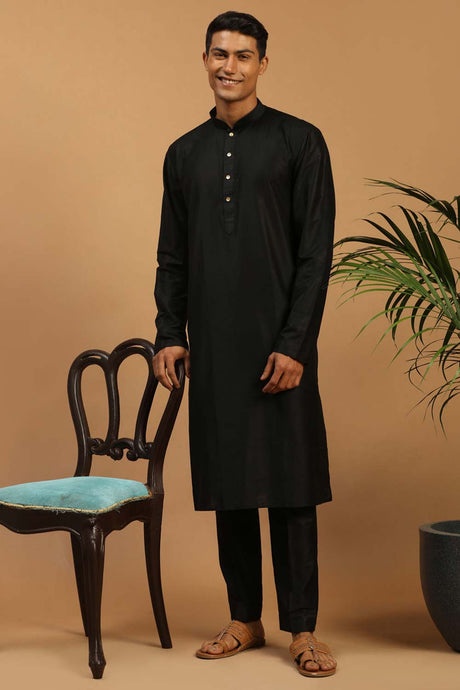 Buy Men's Black Viscose Solid Kurta Pajama Jacket Set Online - Back