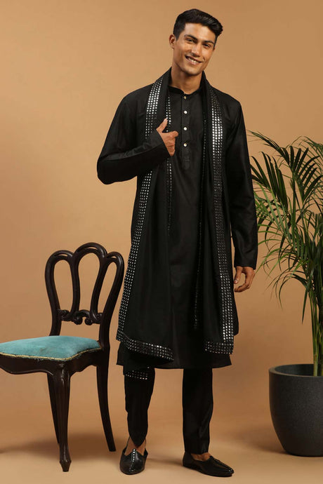 Buy Men's Black Viscose Mirror Work Embroidered Kurta Pajama Jacket Set With Dupatta Online