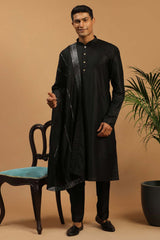 Buy Men's Black Viscose Mirror Work Embroidered Kurta Pajama Jacket Set With Dupatta Online