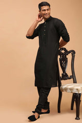 Buy Men's Black Viscose Solid Kurta Pajama Jacket Set Online - Back