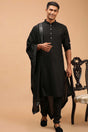 Buy Men's Black Viscose Mirror Work Embroidered Kurta Pajama Jacket Set With Dupatta Online