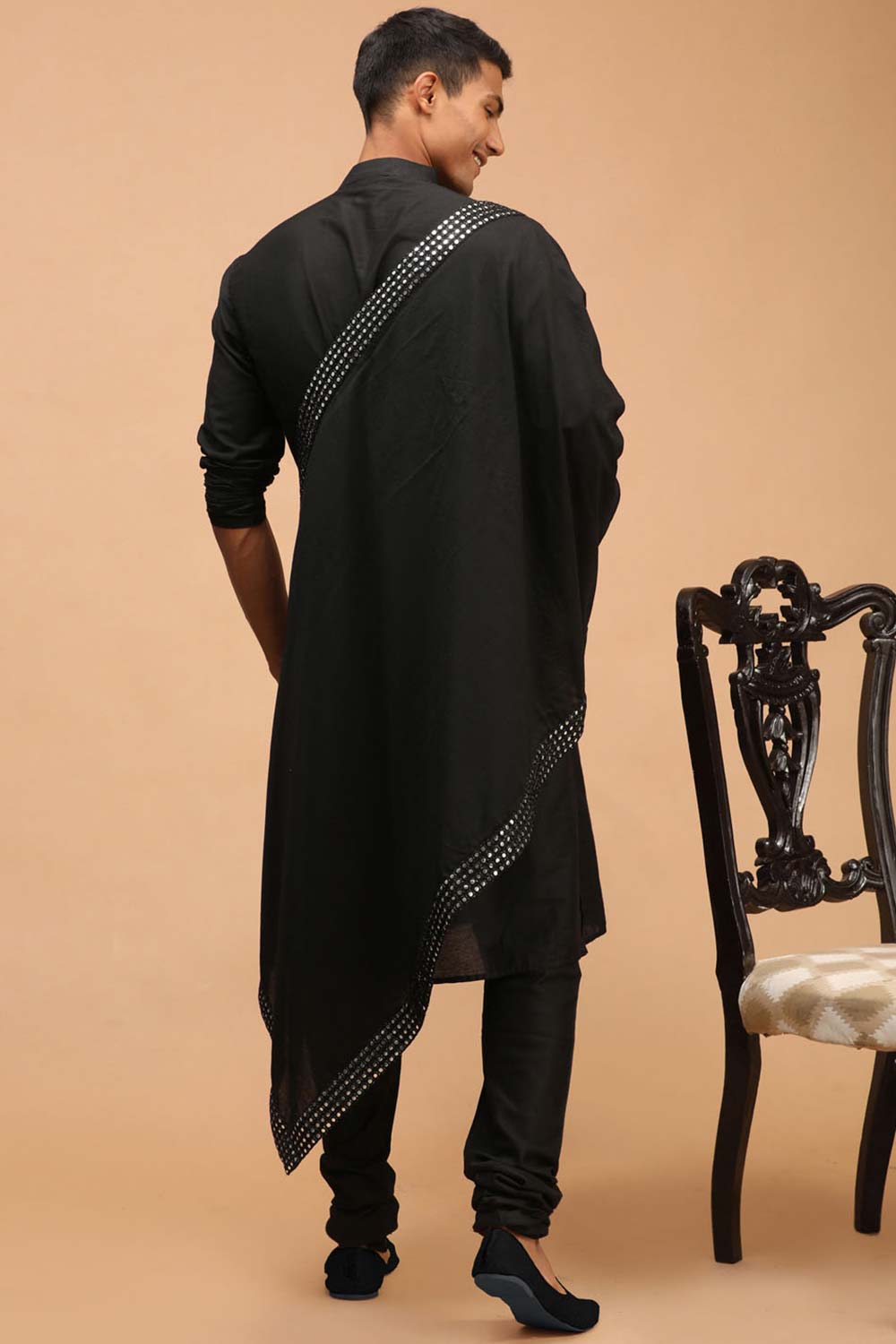 Buy Men's Black Viscose Mirror Work Embroidered Kurta Pajama Jacket Set With Dupatta Online - Front