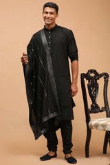 Buy Men's Black Viscose Mirror Work Embroidered Kurta Pajama Jacket Set With Dupatta Online