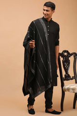 Buy Men's Black Viscose Mirror Work Embroidered Kurta Pajama Jacket Set With Dupatta Online - Back