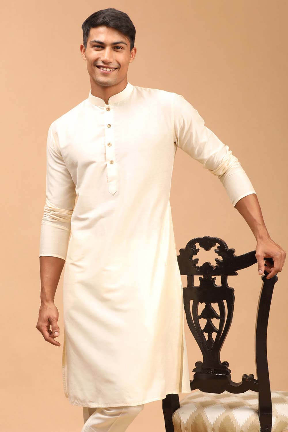 Buy Men's Cream Viscose Solid Long Kurta Online