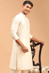 Buy Men's Cream Viscose Solid Long Kurta Online - Back