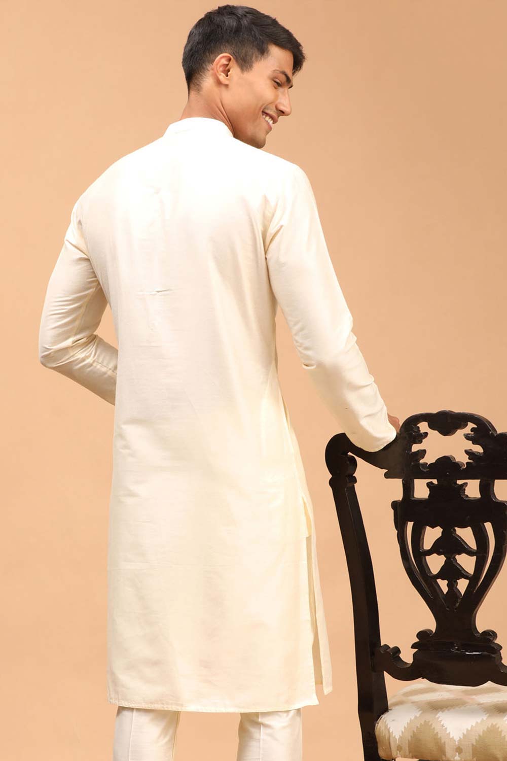 Buy Men's Cream Viscose Solid Long Kurta Online - Front