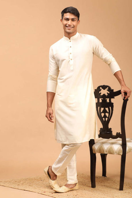 Buy Men's Cream Viscose Solid Kurta Pajama Jacket Set Online