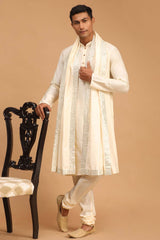 Buy Men's Cream Viscose Mirror Work Embroidered Kurta Pajama Jacket Set With Dupatta Online