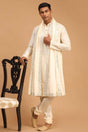 Buy Men's Cream Viscose Mirror Work Embroidered Kurta Pajama Jacket Set With Dupatta Online