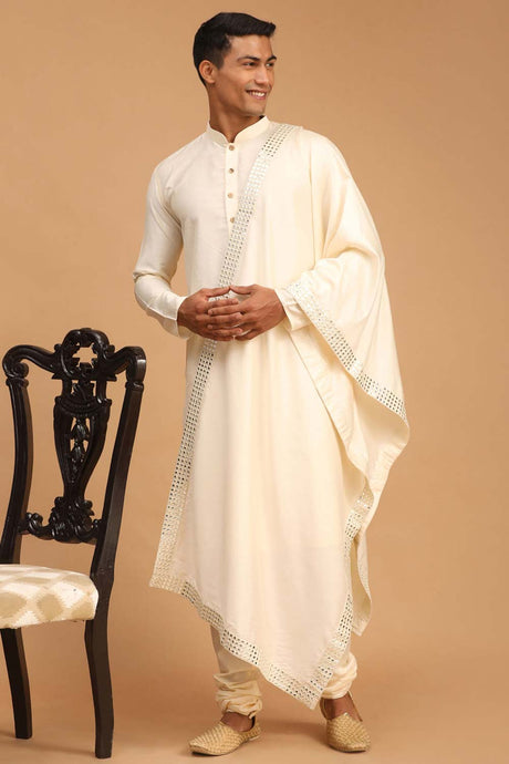 Buy Men's Cream Viscose Mirror Work Embroidered Kurta Pajama Jacket Set With Dupatta Online - Back