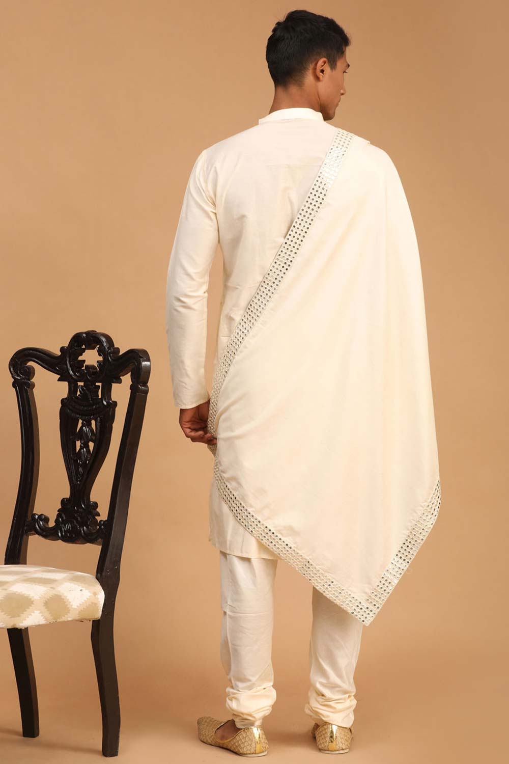 Buy Men's Cream Viscose Mirror Work Embroidered Kurta Pajama Jacket Set With Dupatta Online - Front