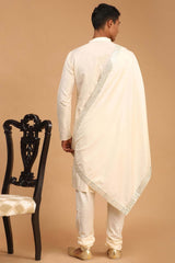 Buy Men's Cream Viscose Mirror Work Embroidered Kurta Pajama Jacket Set With Dupatta Online - Front