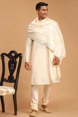 Buy Men's Cream Viscose Mirror Work Embroidered Kurta Pajama Jacket Set With Dupatta Online