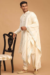 Buy Men's Cream Viscose Mirror Work Embroidered Kurta Pajama Jacket Set With Dupatta Online - Back