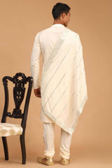 Buy Men's Cream Viscose Mirror Work Embroidered Kurta Pajama Jacket Set With Dupatta Online - Front