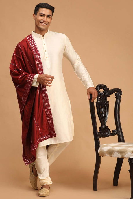 Buy Men's Cream Viscose Mirror Work Embroidered Kurta Pajama Jacket Set With Dupatta Online